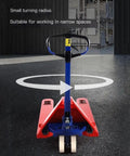 Heavy Duty Manual Pallet Truck Slams 8 Ton Loads With Rock Solid Hydraulic Power Compact Casters, small turning radius for tight spaces.