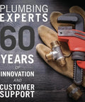 Red pipe wrench and plumbing fittings on a wooden table with 'Plumbing Experts 60 Years of Innovation and Customer Support' text