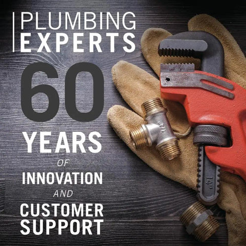 Plumbing experts celebrating 60 years of innovation and customer support with wrench and fittings on gloves.