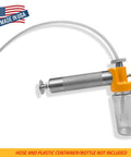 Oil Sampling Pump That Makes Oil Analysis Quick And Safe No Fuss Vacuum Release Valve For Spill Free Sampling Fits 5/16 Inch, 1/4 Inch And 3/16 Inch Hoses Made In USA, silver and yellow unit with plastic connector.