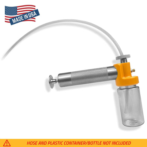 Oil Sampling Pump That Makes Oil Analysis Quick And Safe No Fuss Vacuum Release Valve For Spill Free Sampling Fits 5/16 Inch, 1/4 Inch And 3/16 Inch Hoses Made In USA, silver and yellow unit with plastic connector.