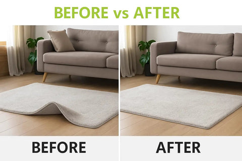 Comparison of rug on hardwood floor before and after using Eight Pack Non Slip Rug Gripper Pads For Hardwood Floors And More
