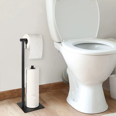 Freestanding Black Toilet Paper Holder Stand That Holds Up To 3 Tissue Rolls With Anti Drop Top Rod And Vertical Roll Storage Durable Metal Bathroom Organizer next to toilet