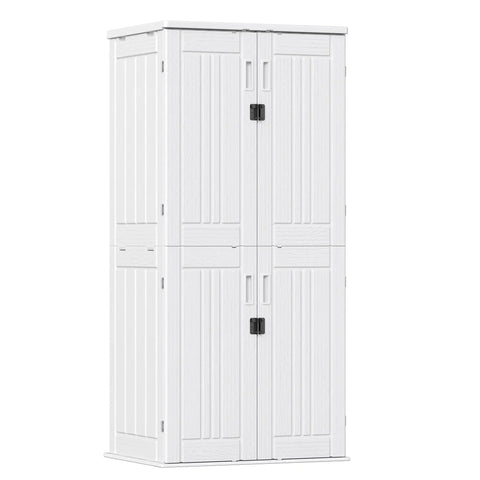 Weatherproof Outdoor Storage Cabinet With Four Shelves And Lockable Door Built To Last Tall White Resin Shed Stands 66 Inches High 30 Cu Ft Capacity For Patio Garden Yard HDPE Double Wall Panels Vertical Tool Storage