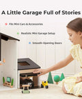 Child playing with Wooden Dollhouse Garage Set With Workbench, Lawn Mower, Bicycle And Car For Kids, showing realistic garage.