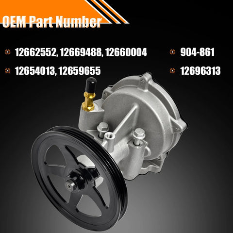 Brake vacuum pump front view; aluminum housing, black pulley, brass inlet valve.