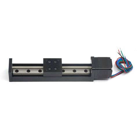 Side view of Befenybay 100mm mini linear rail guide with lead screw and NEMA11 motor.