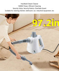 Woman using Supercharged Handheld Steam Cleaner Packing 1000W Output And Spacious Tank To Vaporize Grime For Home And Vehicle Detailing.