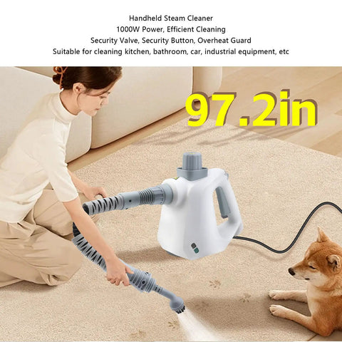 Professional Grade Handheld Steam Cleaner For House And Car Slick Multi Purpose High Temp Steam Wand With Child Lock Cracks Grease Grime Buildup Straight Up Gamechanger in use on carpet with multiple attachments.