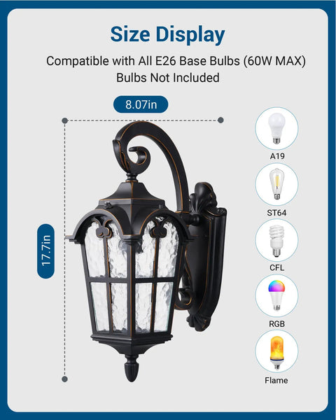 Dusk To Dawn Outdoor Wall Light With Built In Sensor No Fuss Easy Install Auto On Off At Night Waterproof Exterior Lantern Black Roman Style 17.7 Inch Sconce for Porch and Patio