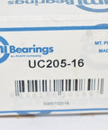 Box of mounted insert pillow block, single pack with normal bore in mm, ID, OD and width specified for sealed ball bearing applications.