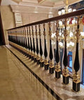 Hella Tough Aluminum Stair Balusters With Flexible Zero To Two Seventy Degree Pivot Bracket, elegant gold and black finish, tall spindles.