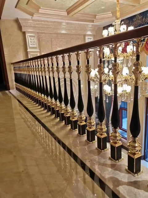 Hella Tough Aluminum Stair Balusters With Flexible Zero To Two Seventy Degree Pivot Bracket, elegant gold and black finish, tall spindles.