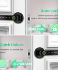 Smart Door Lock With Knob Keyless Entry Entry Handle Home Security Fingerprint Door Knob For Bedroom Front Door Or Apartment Generate Passcodes Remotely Black, showing auto and quick unlock features.