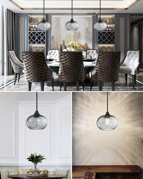 Dining room with 2 Pack 7.7 Inch Black Brownish Grey Seeded Glass Pendant Lights For Kitchen Island And Dining Area Over Sink