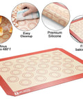 9 Piece Stainless Steel Baking Set With Cooling Racks And Silicone Mats shown with non-stick silicone mat in baking pan, easy clean.