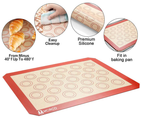 9 Piece Stainless Steel Baking Set With Cooling Racks And Silicone Mats shown with non-stick silicone mat in baking pan, easy clean.