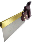 Heavy Duty 8 Inch Dovetail Saw With Stained Beech Handle 20 TPI Taper Ground Sheffield Steel For Slick Rip Cuts And Badass Woodworking side view showing brass frame and sharp blade.