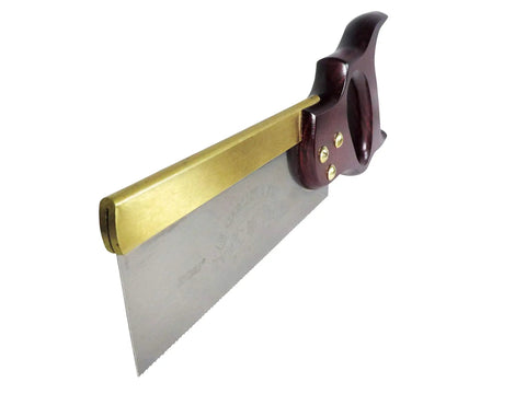 Heavy Duty 8 Inch Dovetail Saw With Stained Beech Handle 20 TPI Taper Ground Sheffield Steel For Slick Rip Cuts And Badass Woodworking side view showing brass frame and sharp blade.