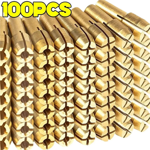 10 Pack Mini Drill Brass Collet Chuck 0.5 To 3.2mm Clamping Adapter For Rotary Tool shows brass collets stacked, designed for precision work.