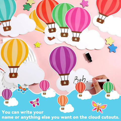 3D Hot Air Balloon Bulletin Board Set With Totally Colorful Name Tags For Back To School Classroom Decor Motivational The Sky Is The Limit Cutouts Cloud Borders And DIY Wall Art Kit shown with vibrant balloon and writable cloud cutouts.