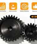 Close-up of 20T 5mm Bore Hardened Steel Motor Pinion Gear 3 Pack For 1/8 And 1/10 RC Crawlers Monster Trucks with features icons
