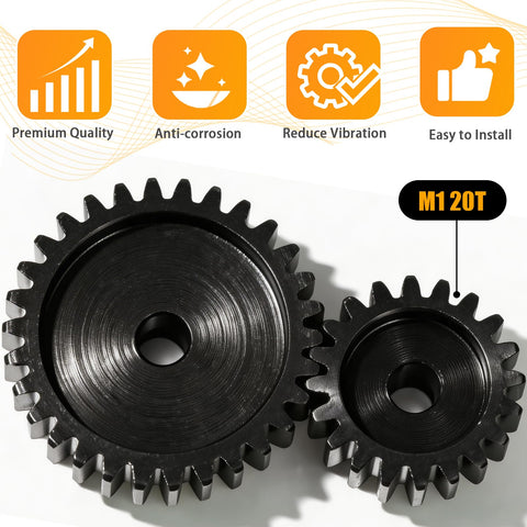 Close-up of 20T 5mm Bore Hardened Steel Motor Pinion Gear 3 Pack For 1/8 And 1/10 RC Crawlers Monster Trucks with features icons