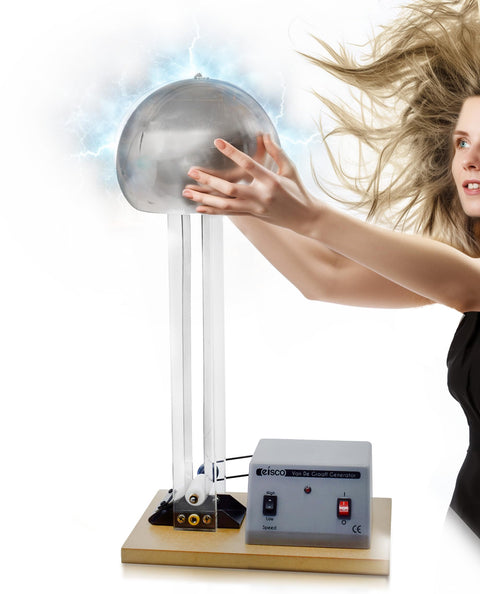 Woman demonstrating Van De Graaff Generator Motor Driven 120 To 240V 50 To 60Hz Includes Assembled Base With DC Motor, 22 in tall.