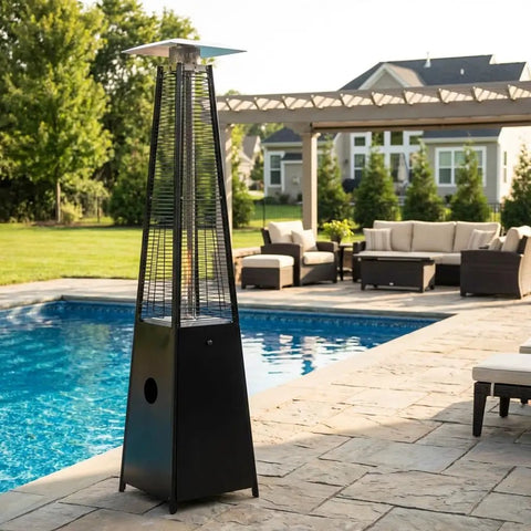 Propane Patio Heater With Reflector Shield And Wheels 40000 BTU Quartz Glass Tube Outdoor Heater near poolside in backyard