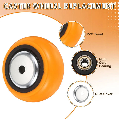 Close-up of Heavy Duty 4 Inch Industrial Caster Wheel Replacement Kit showing orange PVC tread, metal core bearing, and dust cover.