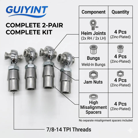7/8-14 Heim Joint Rod End Kit With Tube Adapters For Heavy Duty Off Road Suspension, Chromoly 0.875 Inch Joints Panhard Kit Right And Left Hand Thread With Jam Nut And Bung, Includes 2 Pairs. Complete 2-pair kit with 4 heim joints and weld-in bungs