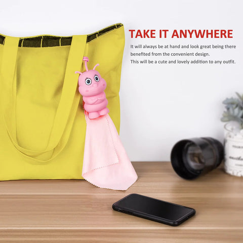 bqover pink silicone bag charm with 8x8 in microfiber cleaning cloth, attached to yellow tote bag