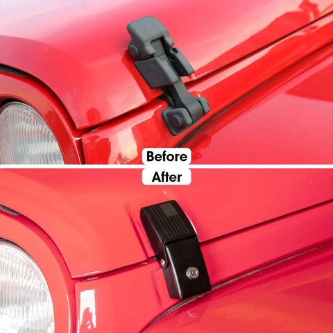 Before and after of Heavy Duty Aluminum Hood Latch Kit With Locking Hood Catch For Jeep Wrangler JK JL Gladiator JT 2007-2025