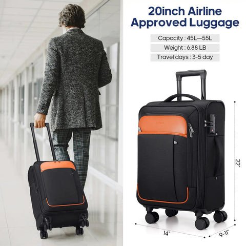 Man walking with Softside Expandable Carry On Luggage 22 Inch By 14 Inch By 9 Inch Airline Approved 20 Inch Wheeled Suitcase