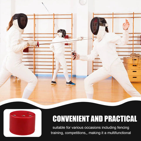 Fencing Gear Tester Box For Foil And Epee Training And Gear Repair with fencers practicing in the background.