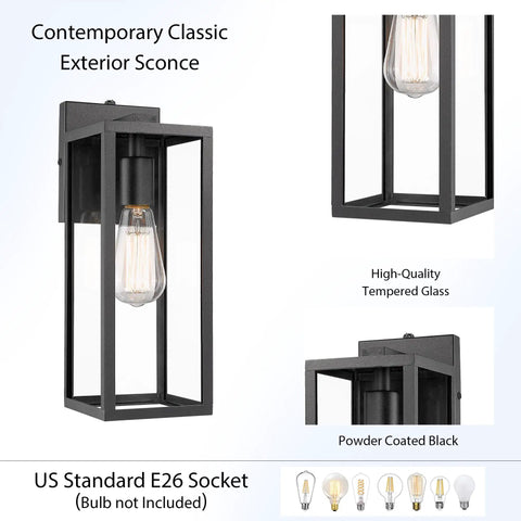 Dusk To Dawn Sensor Outdoor Wall Lantern With Black Finish Modern Wall Sconce For Exterior Wall Lights Weatherproof Outdoor Lighting Easy Mount Wall Mount Fixture with tempered glass