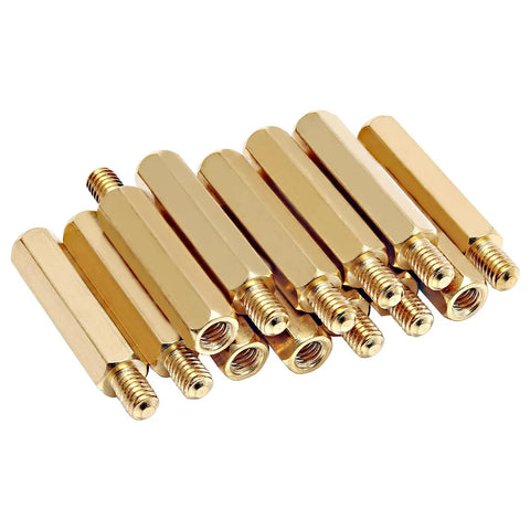 Genuine Solid Brass Hex Standoffs M4 X 25mm By 6mm Spacers With Male Female Threads 30 Piece Kit showing brass spacers stacked together.