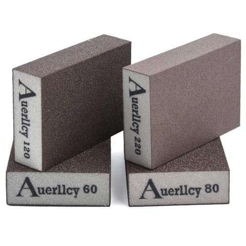 Four Grit Sanding Sponge Set 60 80 120 220 Grits, 4 x 2.8 x 1 Inch Assorted Blocks, Washable and Reusable on white background.