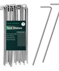 18-pack of 7-inch heavy-duty metal garden pegs for camping canopies, shown with packaging and individual stake details.
