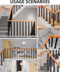 Black Wrought Iron Stair Baluster With 270 Degree Adjustable Bracket, Rock Solid Square Railing Post For Deck And Indoor Steps, Plug And Play Front Mount shown in multiple usage scenarios.