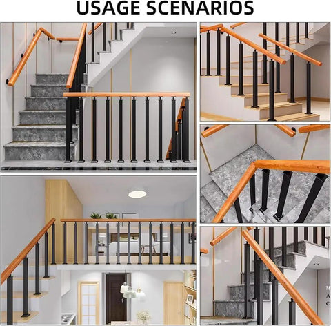 Black Wrought Iron Stair Baluster With 270 Degree Adjustable Bracket, Rock Solid Square Railing Post For Deck And Indoor Steps, Plug And Play Front Mount shown in multiple usage scenarios.