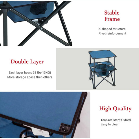 Foldable Camping Table With Built In Cup Holders And Food Basket Ultra Lightweight Square Outdoor shown with double layer design.