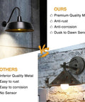 Comparison of Gooseneck Barn Lights Outdoor Dusk To Dawn Sensor with inferior metal lighting, highlighting differences.