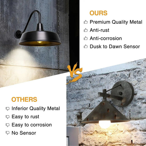 Comparison of Gooseneck Barn Lights Outdoor Dusk To Dawn Sensor with inferior metal lighting, highlighting differences.