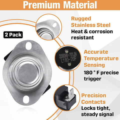 Two Pack 338096-701 Limit Switch L180-20F Replacement with overheat protection, stainless steel, two-pack