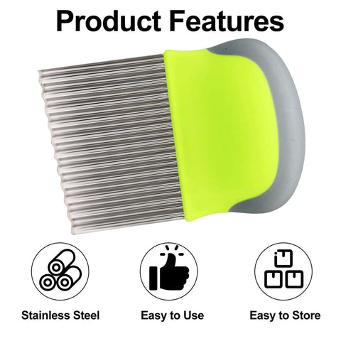 Vegetable crinkle cutter with stainless steel wavy blade and neon green handle.