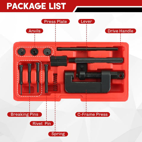 13 Piece Chain Breaker Kit For Motorcycles - Heavy Duty Chain Rivet Cutter set with labeled parts in red case