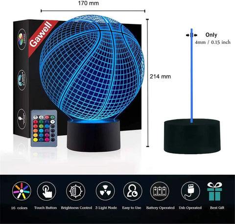 Basketball 3D Illusion Night Light Lamp With 16 Color Options, Touch Switch, Remote Control And USB Power, shown in box