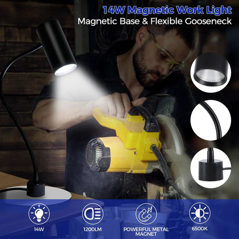 Pro Grade Ultra Bright 14W Magnetic LED Work Light With Flexible Gooseneck And Magnetic Base illuminating a wood lathe tool.