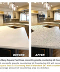 Granite Countertop Paint Kit Epoxy Refinishing For Kitchen And Bath 25X Thick Bright Gloss Coating In Pearl White DIY Countertop Makeover, before and after transformation scene.